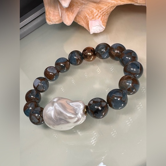 CLOISONNÉ JASPER + BAROQUE MOP  NATURAL STONES BRACELET size 7” - Picture 4 of 9